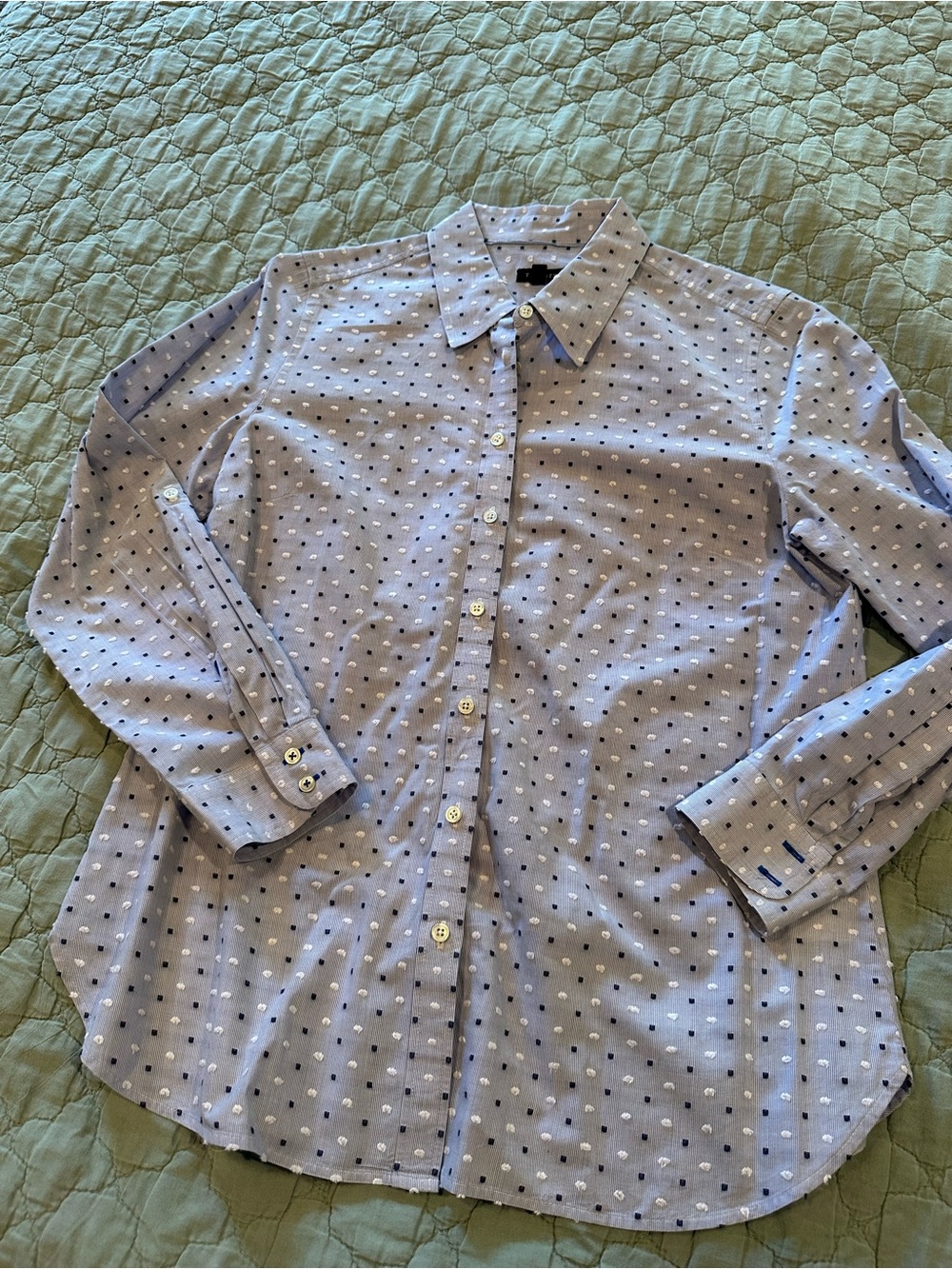 Talbots Light Blue Button-Down Shirt with Navy and White Dot Print - Picture 10 of 11